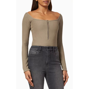 Good American Off Shoulder Ribbed Zip Henley Bodysuit Khaki Green Olive XL NWT